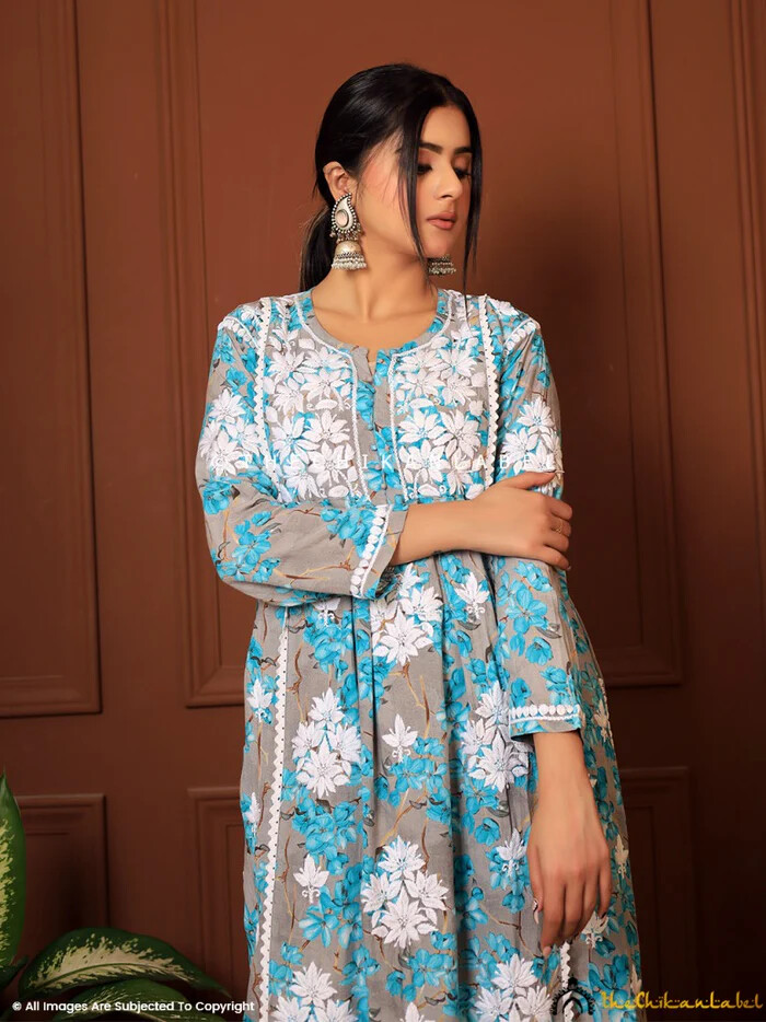 Green Modal Chikankari Straight Kurta Set Lucknow Chikankari Handcrafted Set