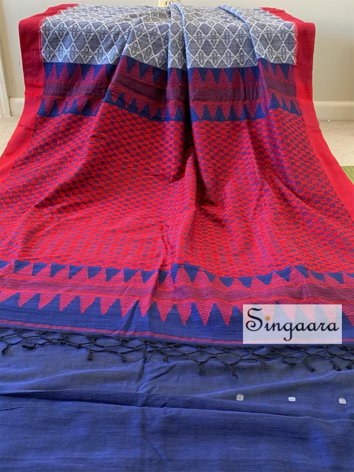 Unique pure khadi cotton White and navy blue half and half saree casual wear