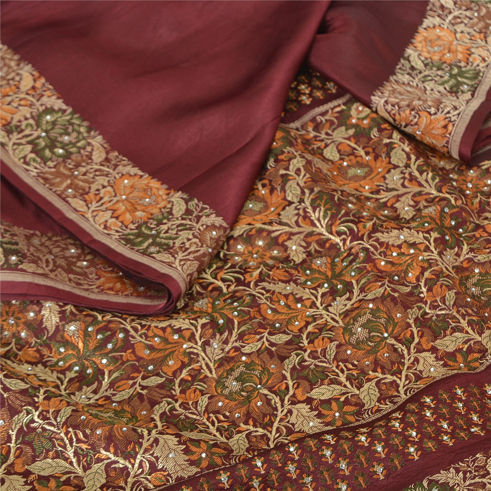 Sanskriti Vintage Sarees Dark Red Pure Silk Banarasi Handwoven Tanchoi Rare Sari