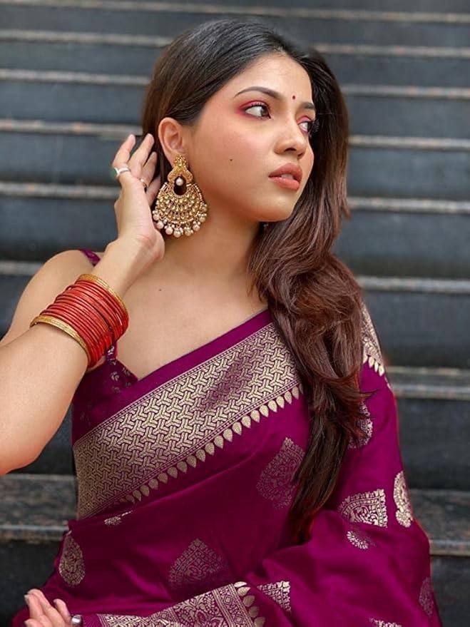 Women Beautiful Soft Lichi Silk Saree With Blouse Bridal Party Function Wear