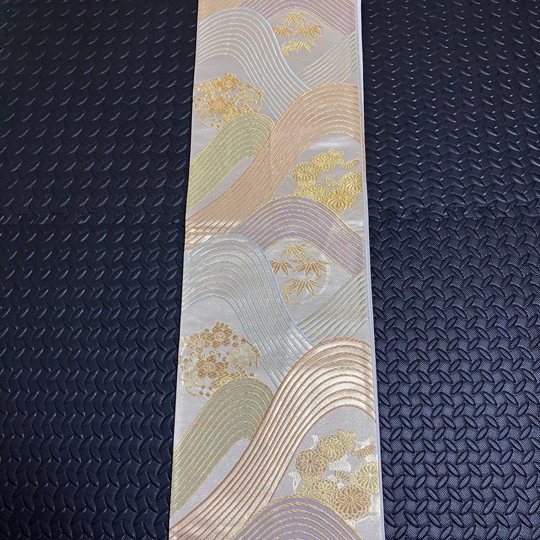 Japanese Silk Fukuro Obi Silver Gold Floral Roundel Curved Line 440 x 30.5 cm