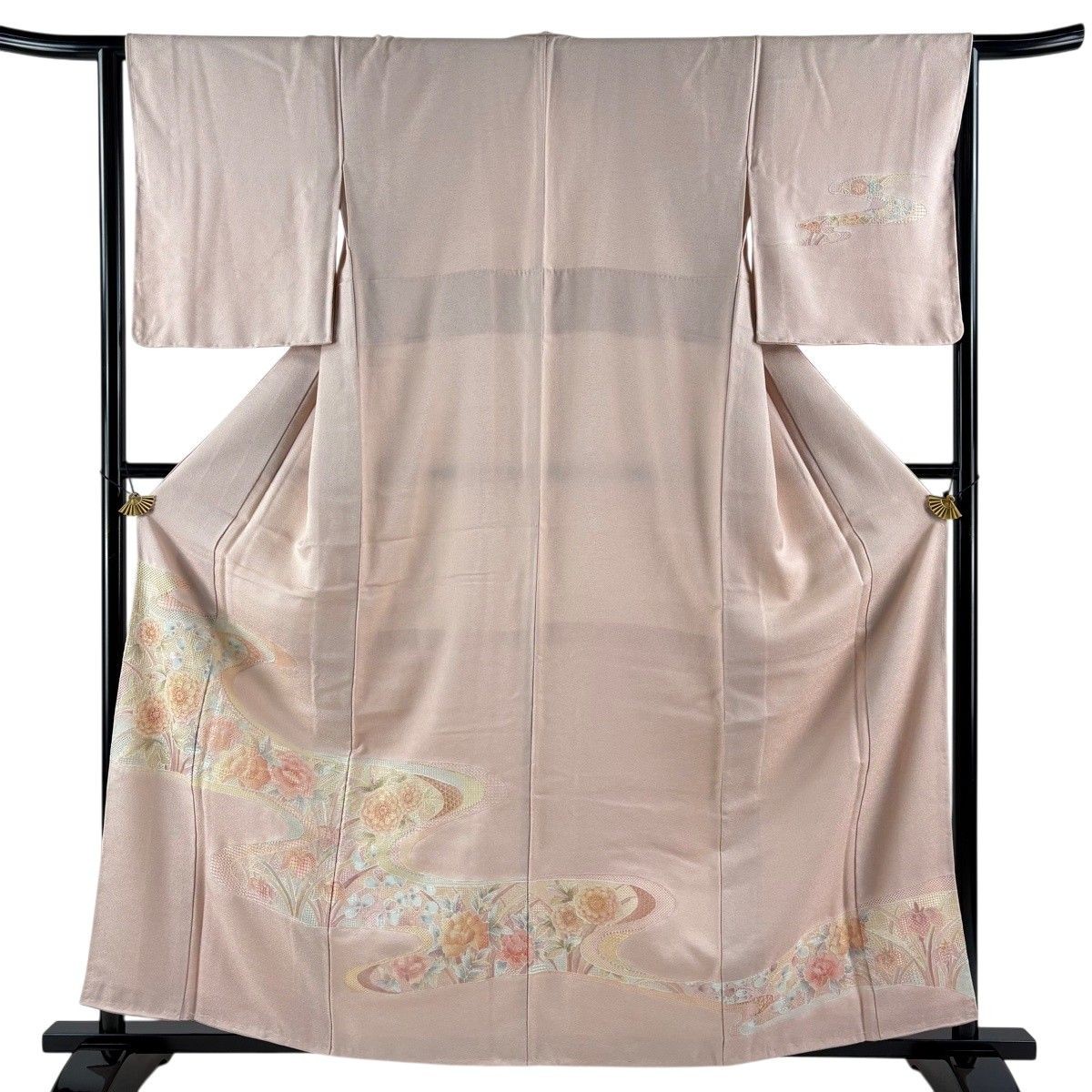 Tsukesage Kimono Embroidery Flowers Haze Light Pink Silk 160cm M Lined Japanese