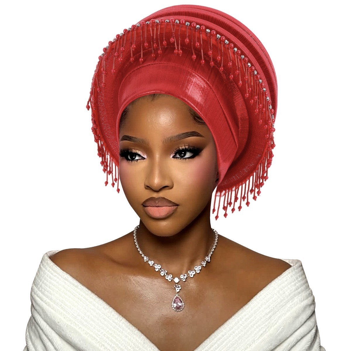 African Auto Gele Headtie for Women Tassels Lady Turban Headpiece Wrap Headwear