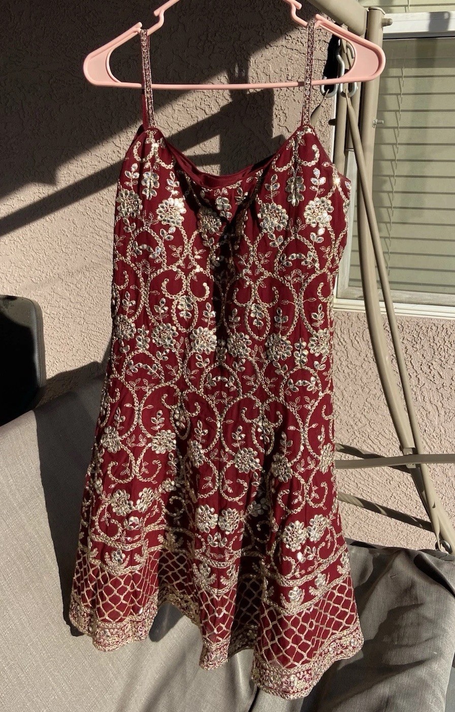 Women’s Maroon Frock Salwar Suit Gota Patti Work Party Wear Wedding Wear Size XS