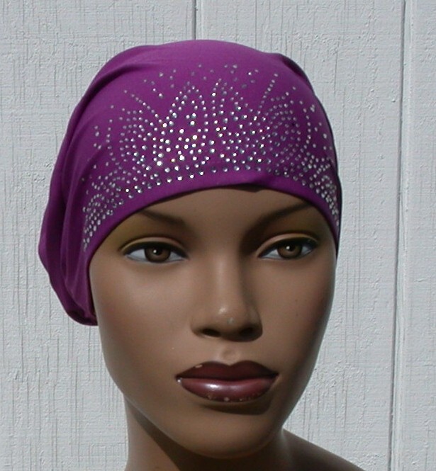 Rhinestone Turban Cap Hijab PURPLE Rayon Chemo Tie Back Cap