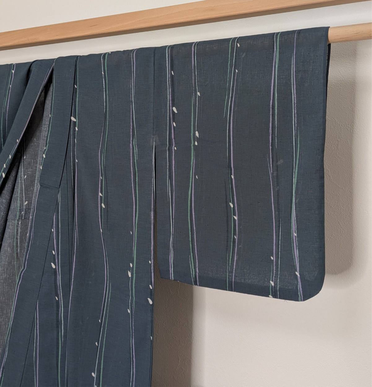 Japanese Summer Kimono Polyester Gray Green Stripes Petals Washable Usumono