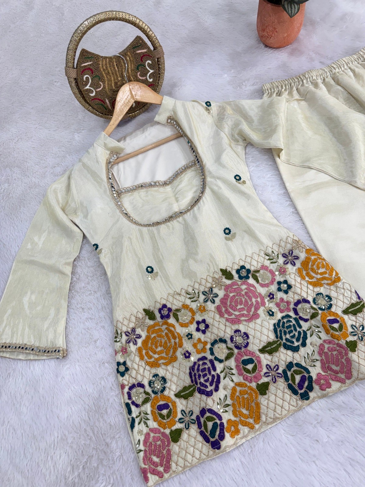 Cream Embroidered Short Kurti Palazzo Shimmer Tissue Silk Set For Women