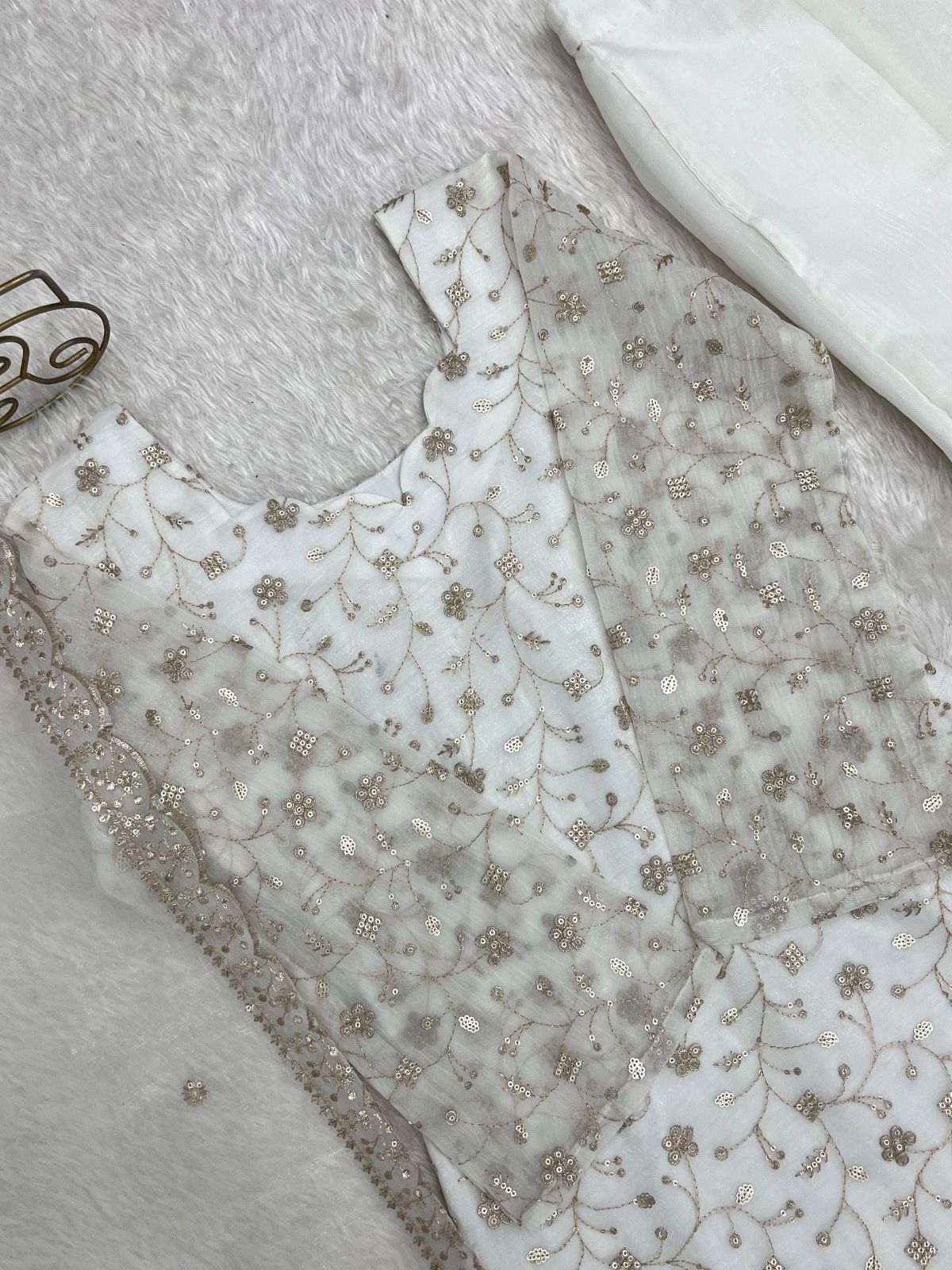 Readymade White Floral Embroidered Kurta Palazzo Dupatta Wedding Party Wear Set