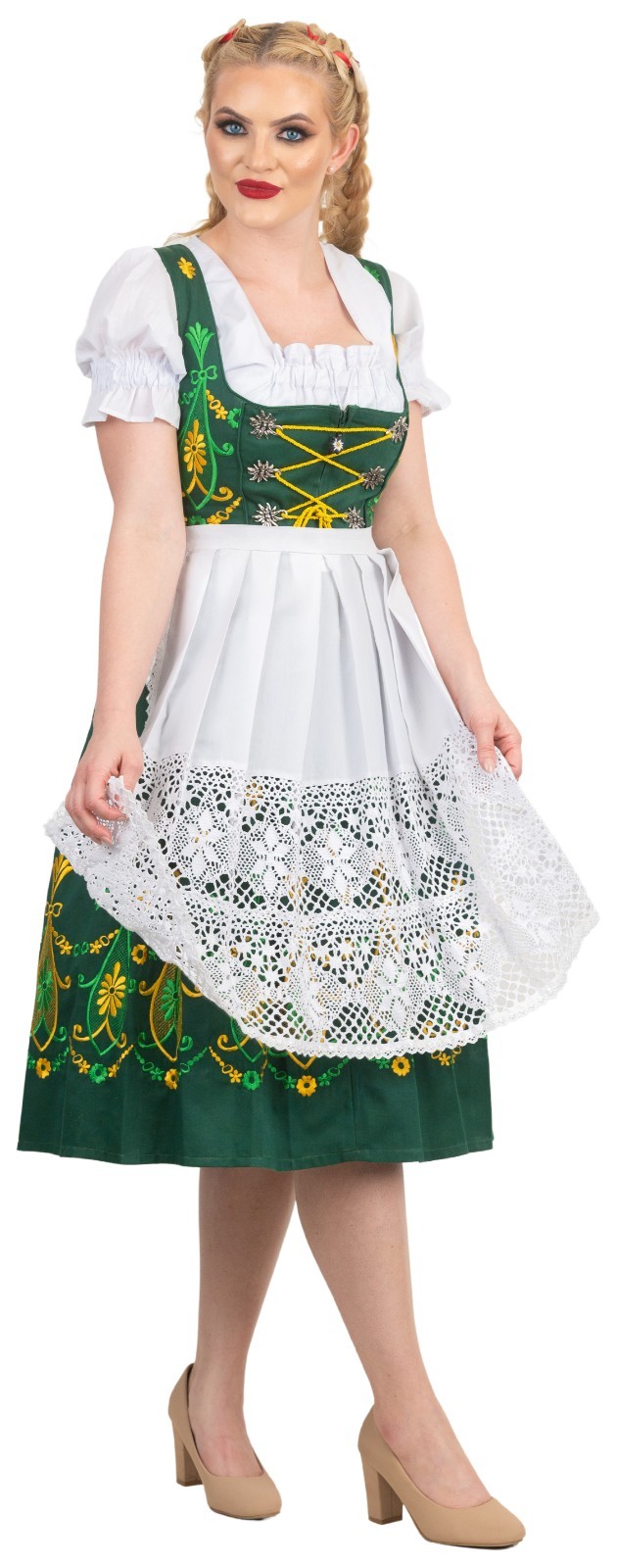 XS 4 Dirndl German Dress + Apron + Top EMBROIDERY Oktoberfest Waitress Festival