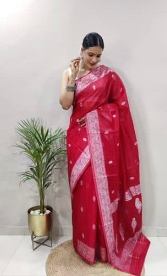 Women Kanjivaram Kanchipuram Soft Cotton Linen Silk Saree with Blouse Piece