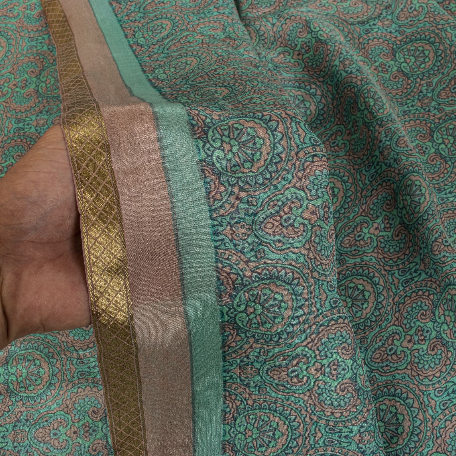 Sanskriti Vintage Saree Green Soft Pure Silk Floral Printed Sari 5.5+Yd Fabric