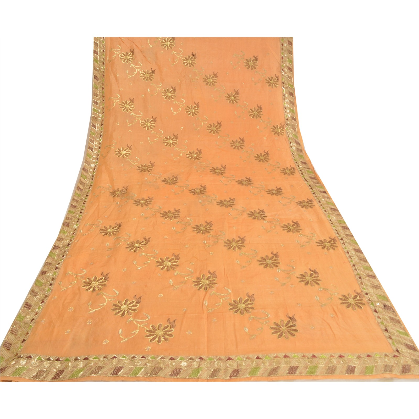 Sanskriti Vintage Peach Sarees Pure Silk Embroidered Premium Sari Craft Fabric