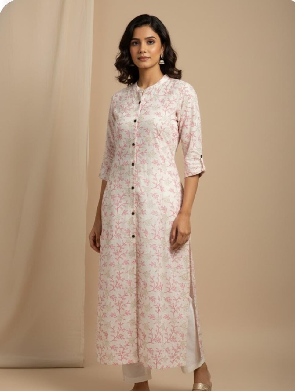 white cotton A line kurta with shining work floral printed kurta