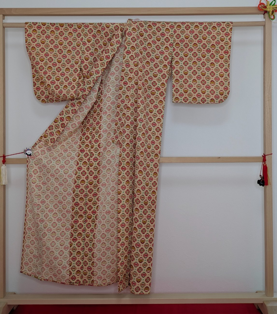 Vintage Japanese Kimono Robe Wool Hitoe Red Beige Geometric Floral Textile Art