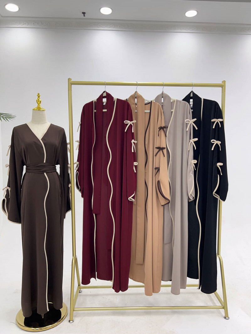 Muslim Eid Gown Modest Abaya Women Bow Batwing Sleeve Kaftan Dress Waist Robe