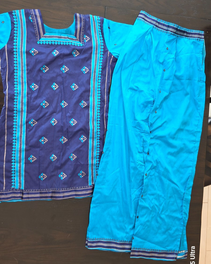Womens Indian Silk Blue Kurti Palazzo Pants Set Matching 2 Pc Suit Boho L