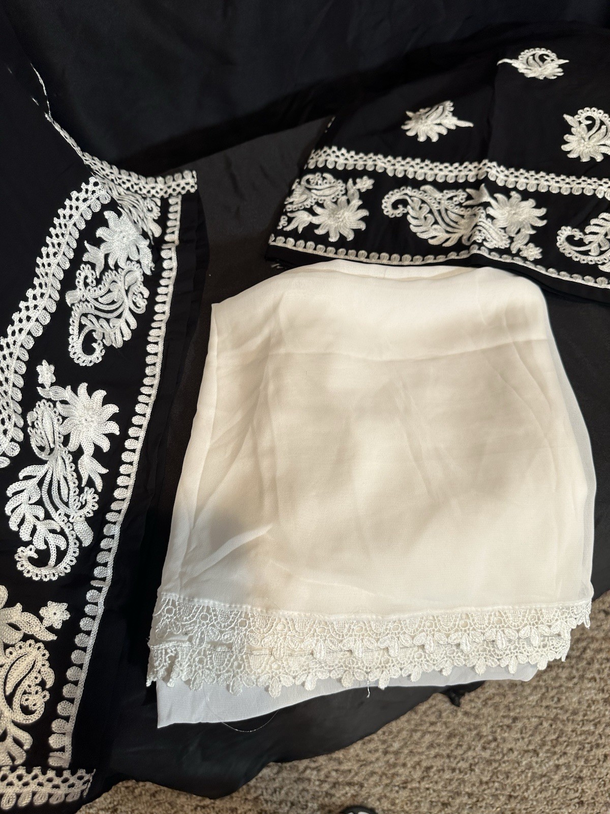 Beautiful soft linen Front & back emb-3 pc suit-emb plazo, laced dupatta-$44