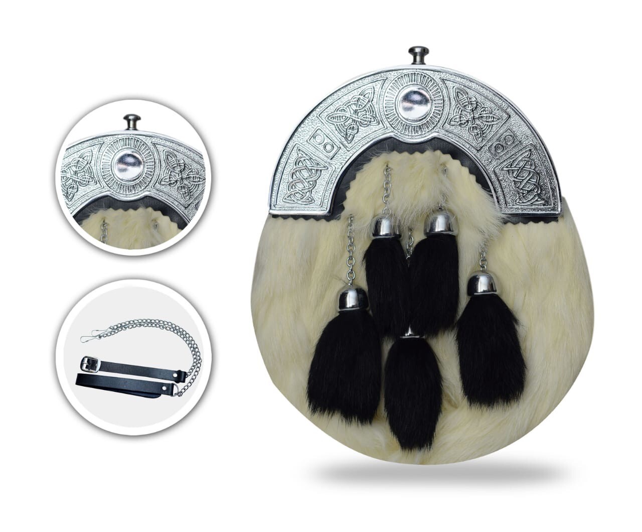 Scottish Men White fur Sporran 5 Black Tassels Leather Sporran With Chain Strap