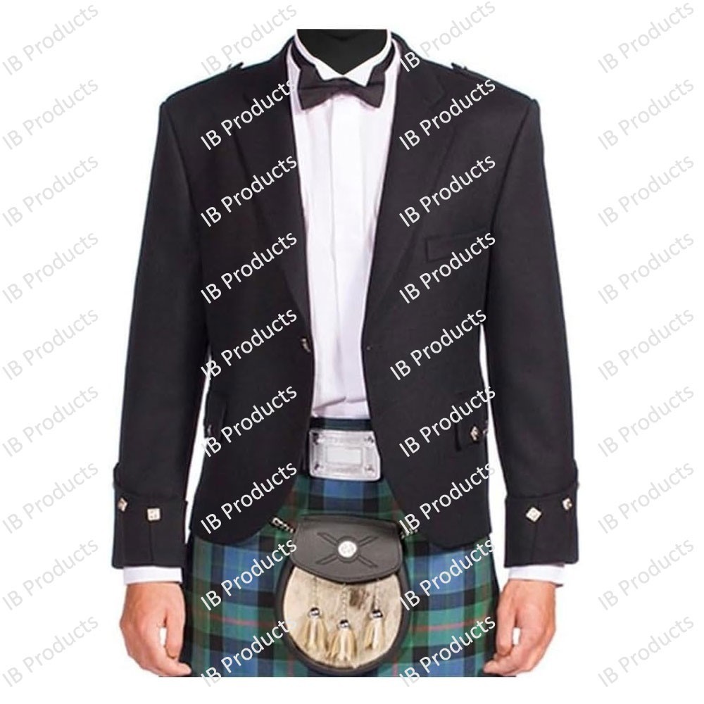 IB Formal Men’s Scottish Wool Argyle Kilt Jacket Smart Tailored Long Sleeve Coat