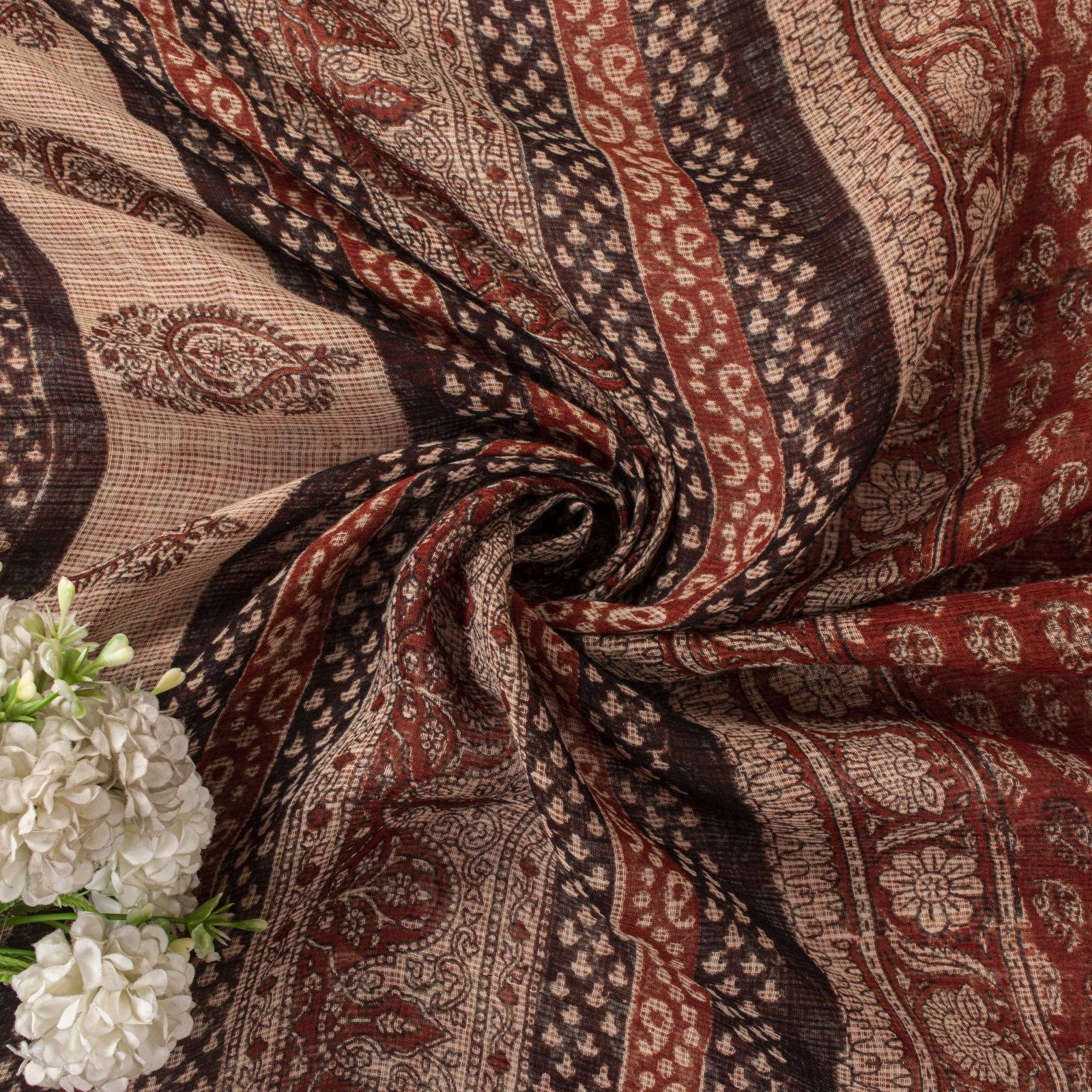 Sanskriti Vintage Kota Saree Brown Pure Cotton Hand Block Print Sari 5.5+Fabric