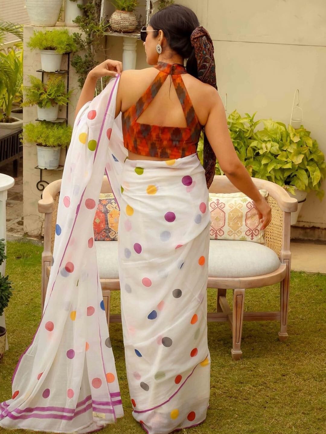 Women’s Peach Cotton Linen Polka Dot Printed Saree with Unstitched Blouse Piece