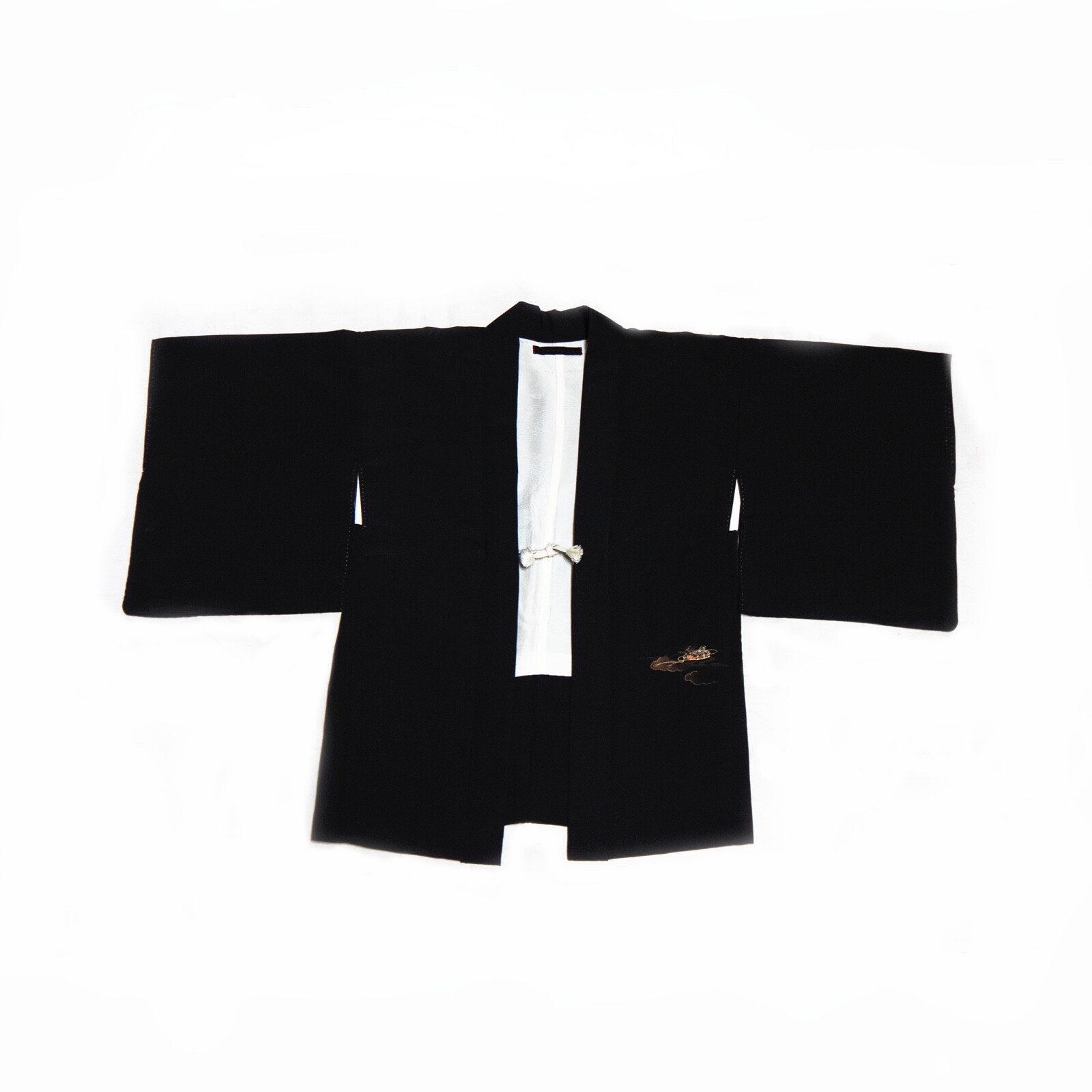 black gold embroidery antique short kimono haori with family symbol Kamon