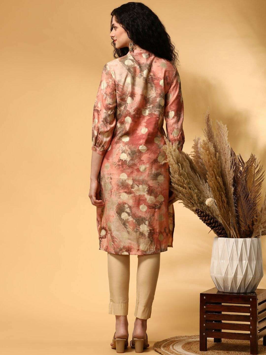 Peach Abstract Print Kurta Indian Tunic Top Ethnic Boho Festival Wear Eid