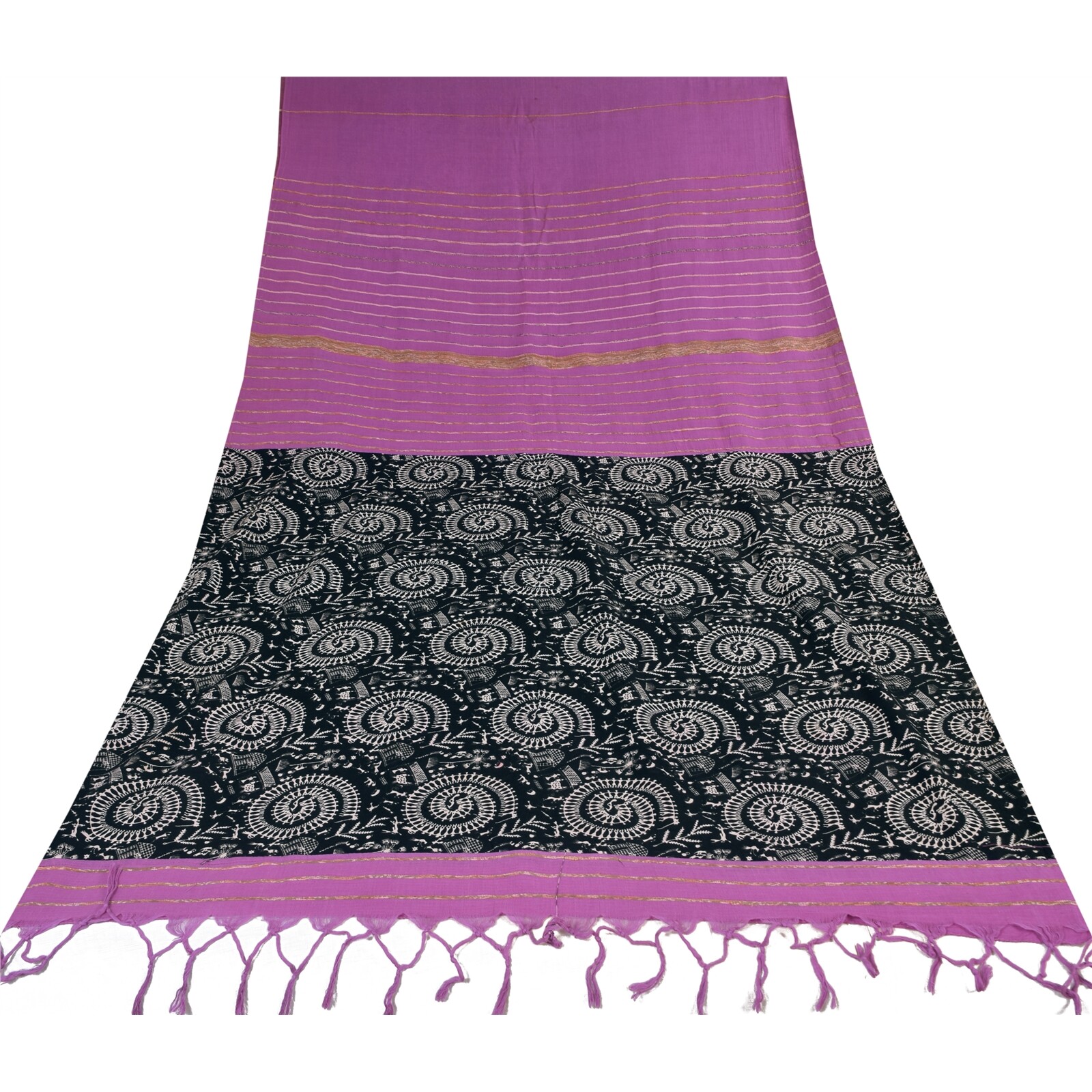 Sanskriti Vintage Sarees Purple Pure Cotton Warli Art/Woven Sari 5+Yd Fabric