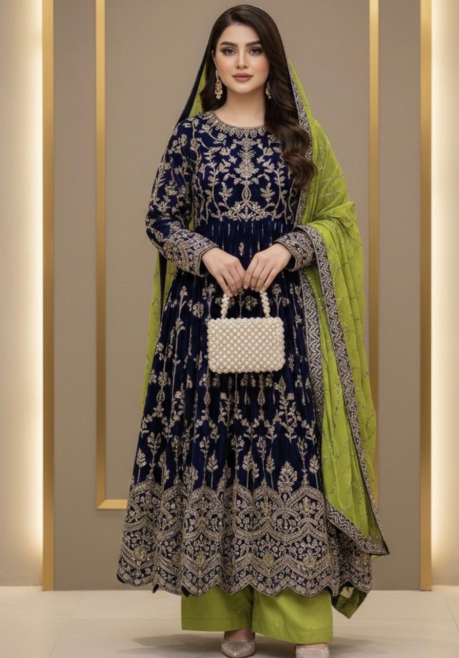 Embroidered Salwar Kameez Navy Blue and Green with Silver Detailing and Dupatta