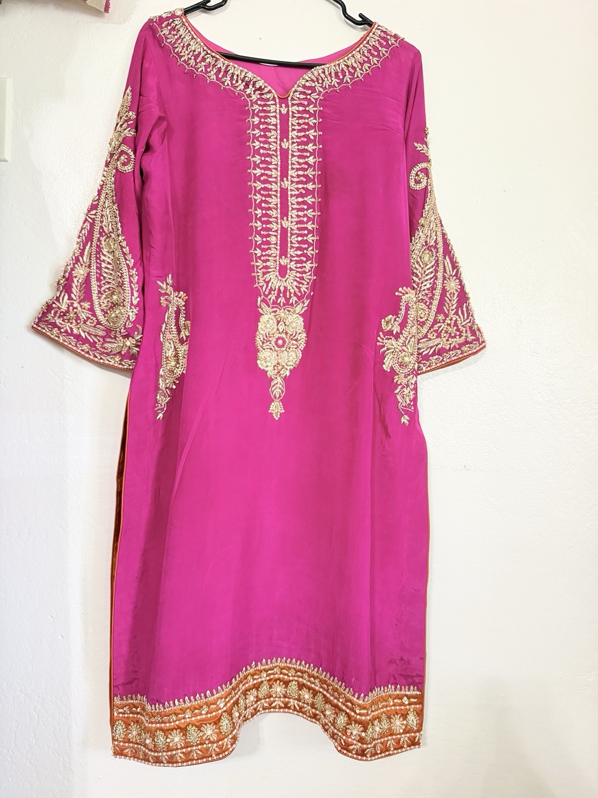 Women’s Silk Gold Pink Pakistani Long Shalwar Kameez