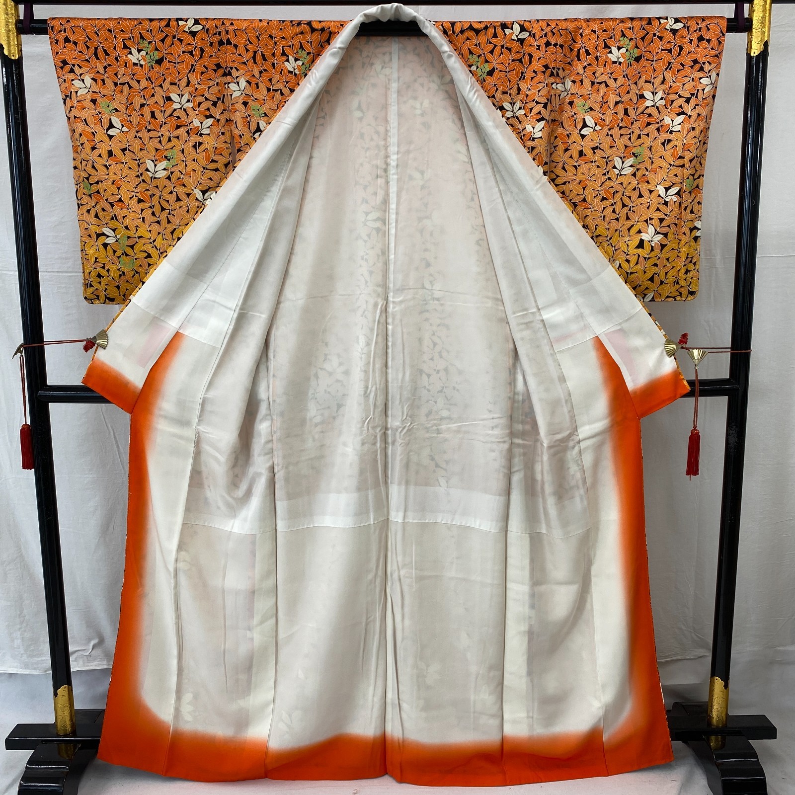 Japanese Vintage Kimono Polyester Orange Traditional Authentic Length 64 in