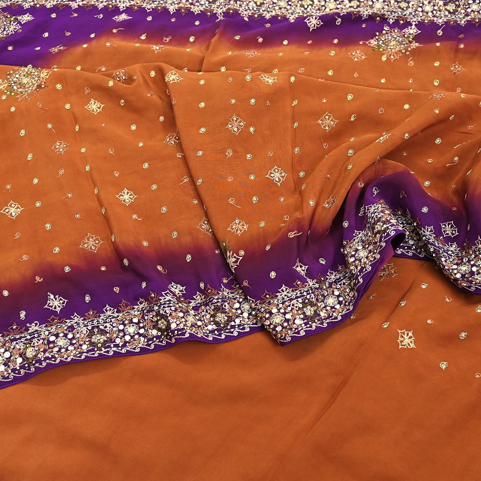 Indian Vintage Sari Purple & Mustard Pure Crepe Silk Hand Embroidered Sarees 6yd