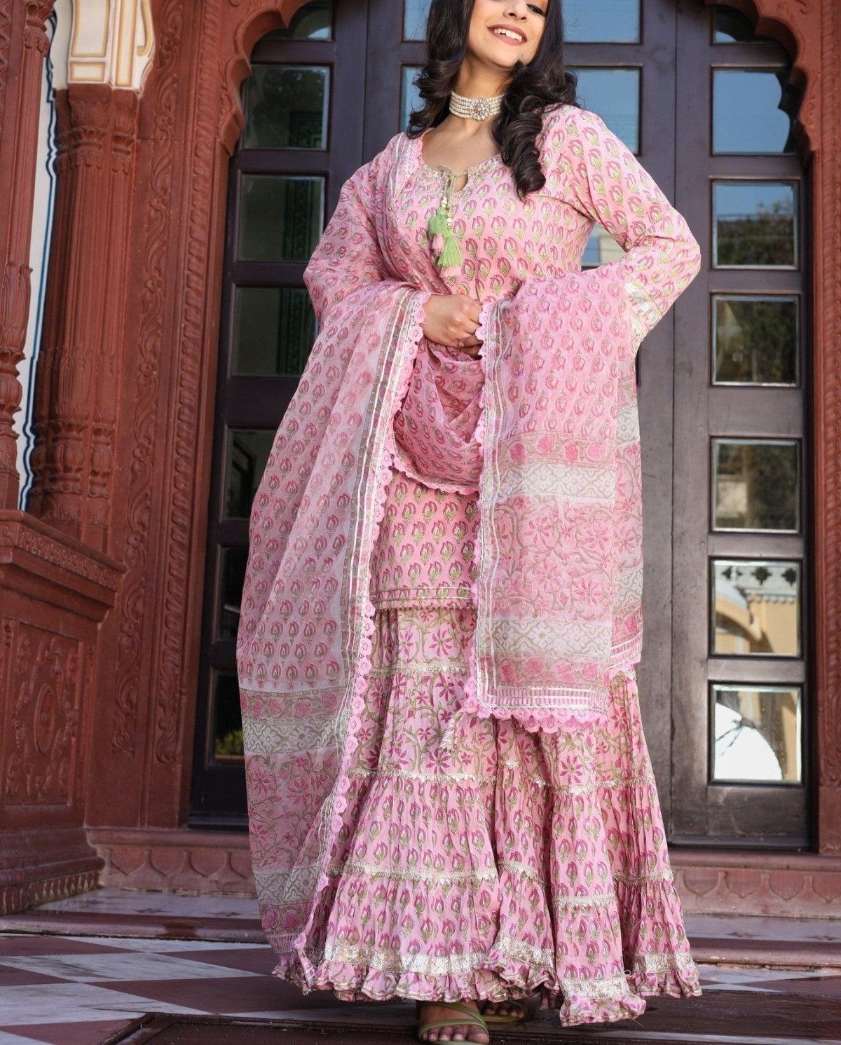 Pink Floral Hand Block Printed Kurta Sharara Set with Dupatta XS-7XL