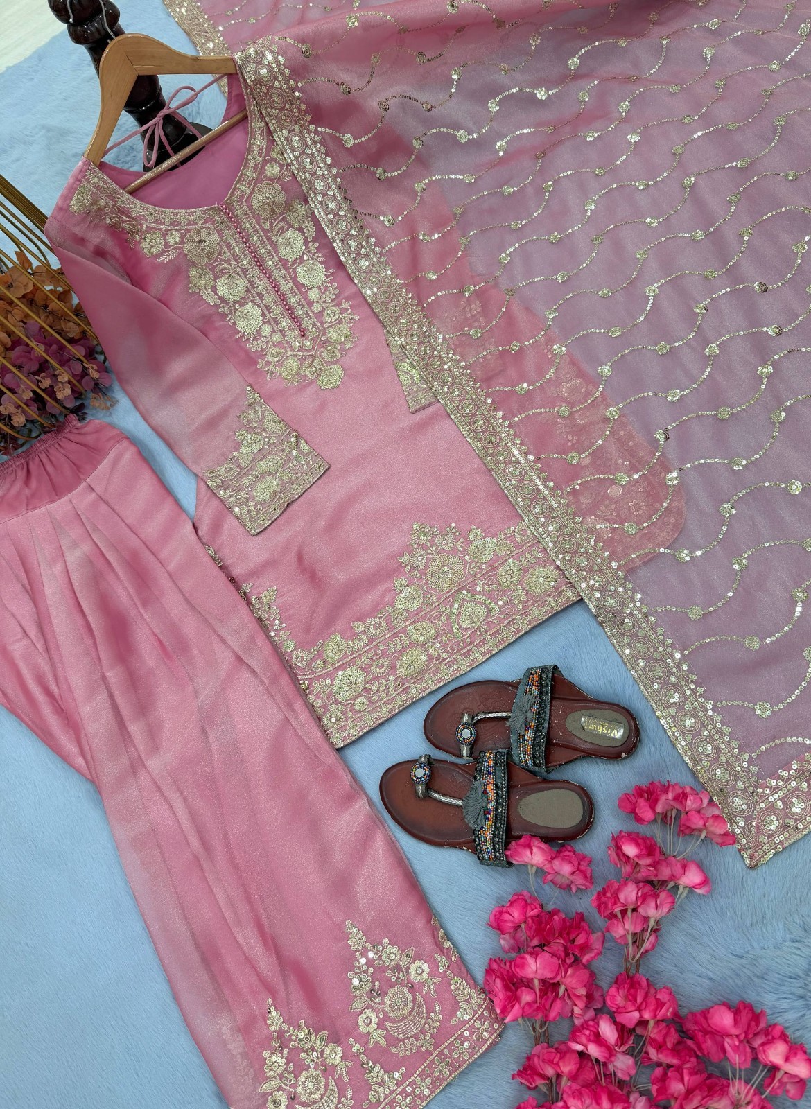 Latest Pure Nc Moss Silk Pink Top Palazzo With Dupatta For Indian Party Wear