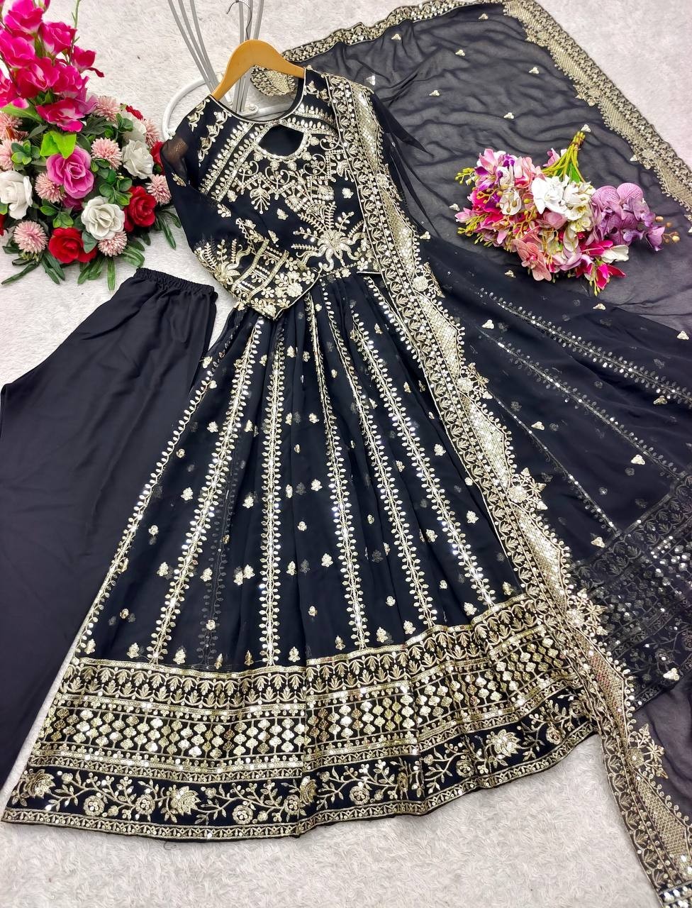 Indian Style Black Faux Georgette Salwar Kameez With Dupatta For Women