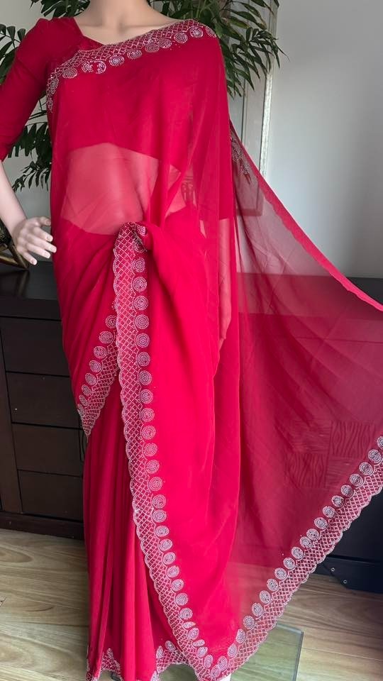 Red georgette saree stone in border for festival 9