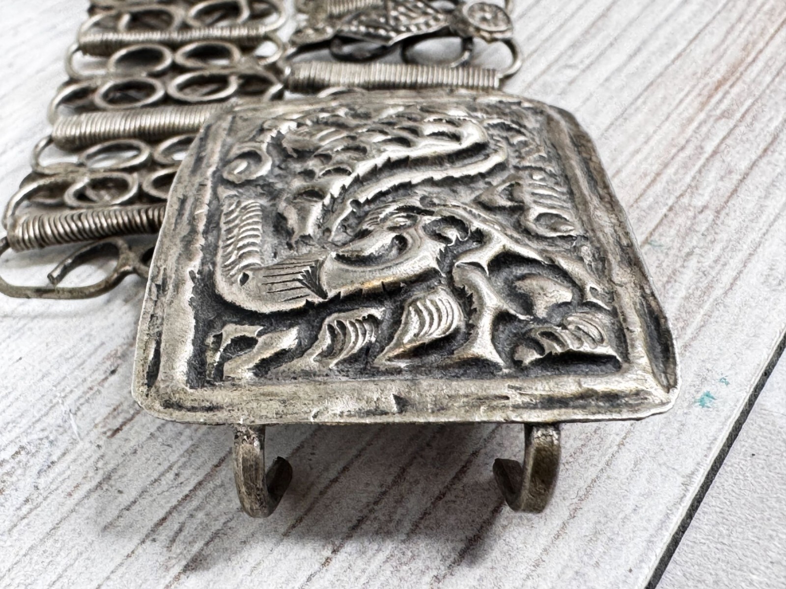 Vintage Chinese Asian Dragon Silver Toned Belt Buckle Filigree Belt