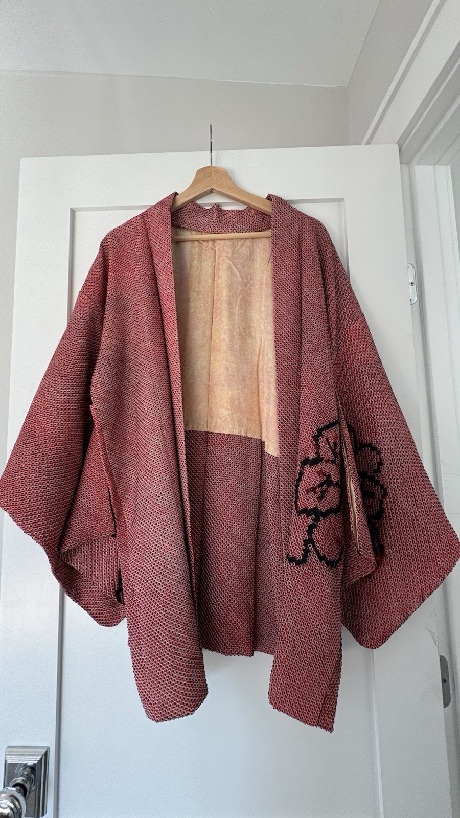 Handmade Red Silk Haori Kimono Jacket Woven Fabric Black Floral Design