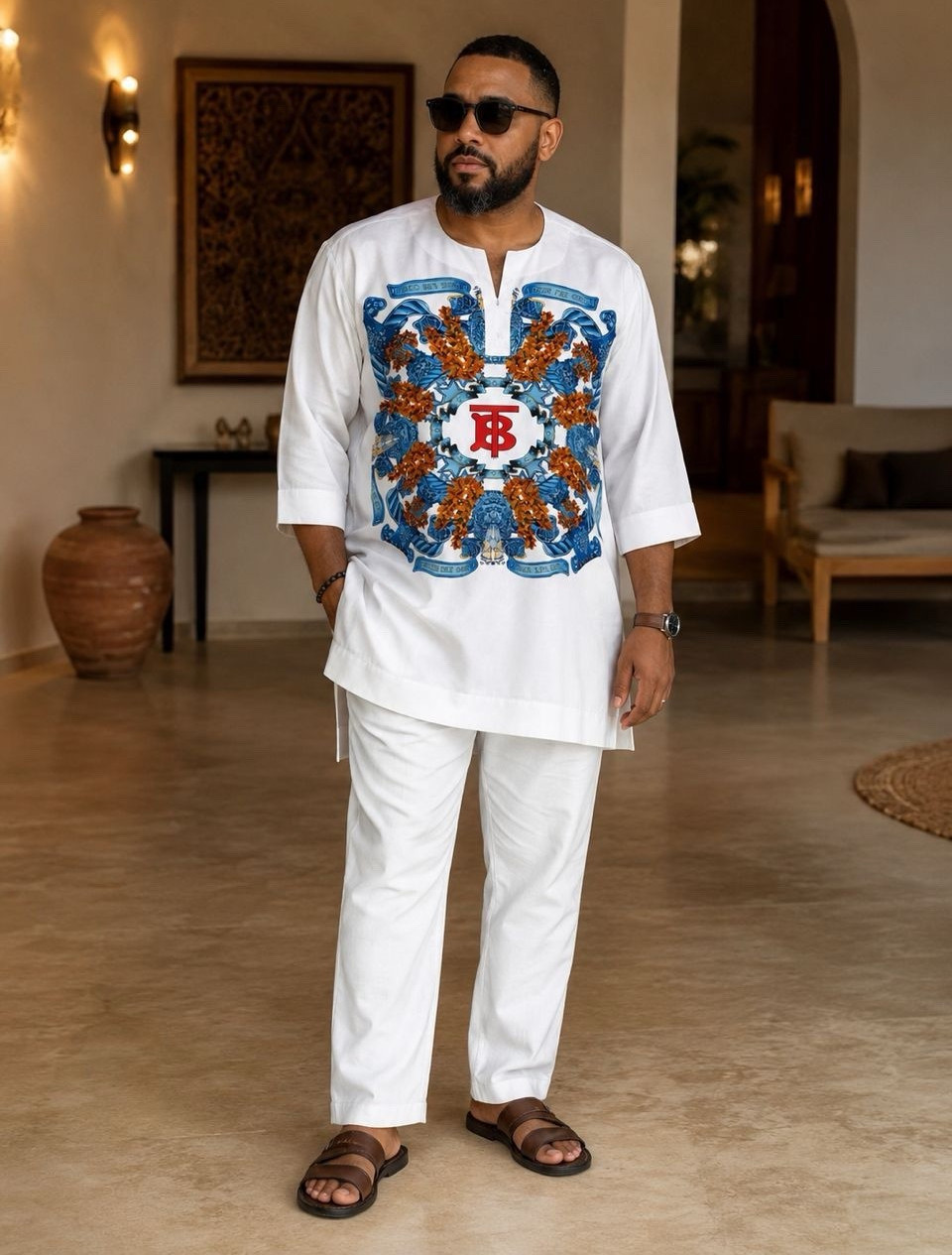 XL ACHfits Nigeria/African Tunic style Top 3/4 Sleeve White (TOP ONLY)