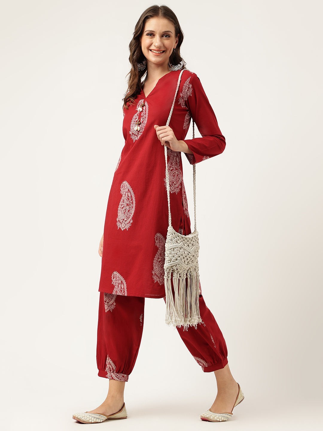 Maroon Paisley Print Cotton Co-Ord Set for Women Ethnic Casual Wear Plus Size