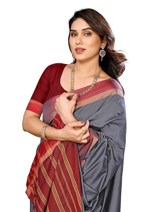 Women’s Striped Pattern Cotton Silk Saree and Unstitched Blouse Piece