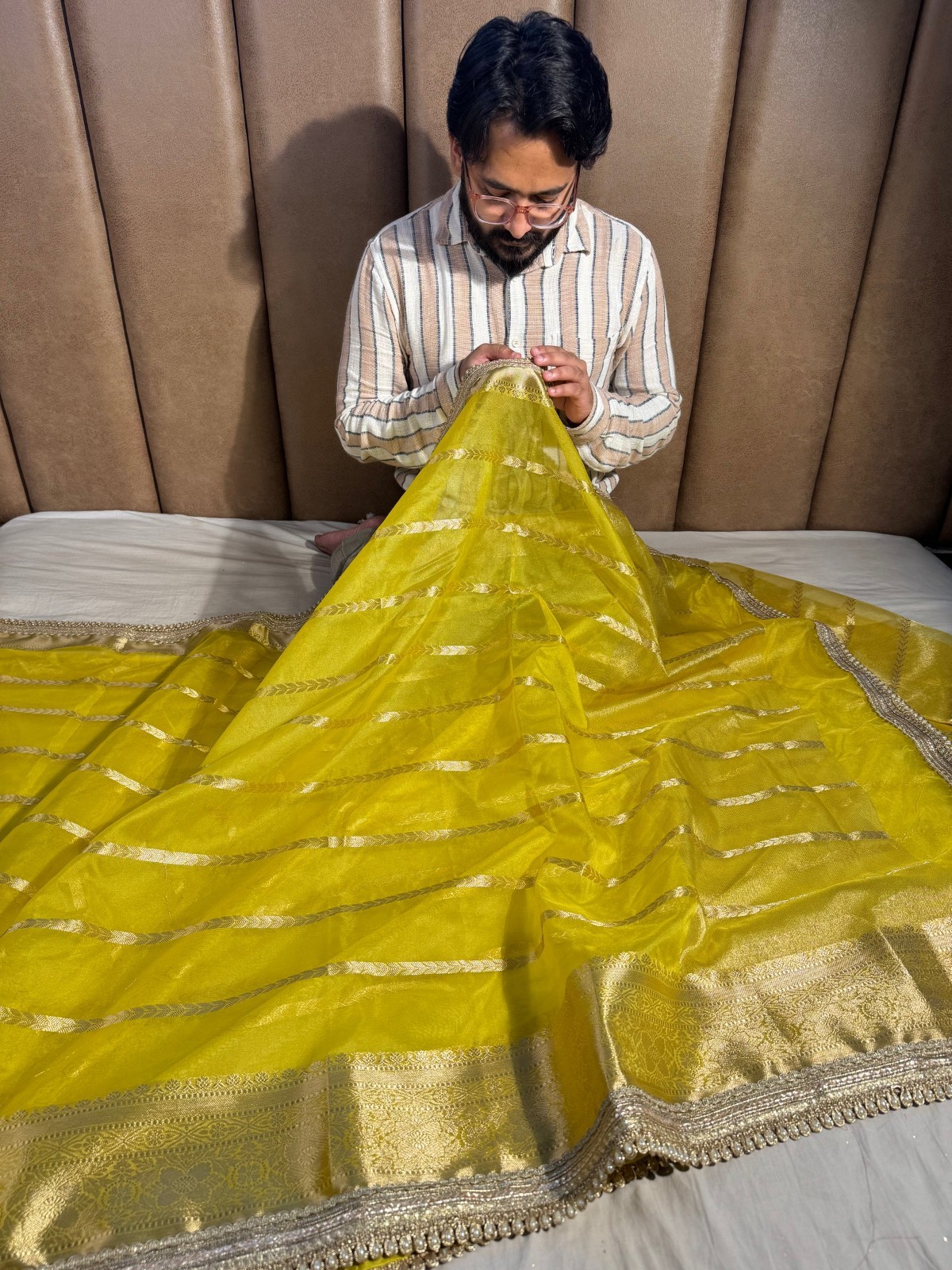 Women Yellow Banarasi Organza Silk Saree Lace Work Unstitched Blouse Piece