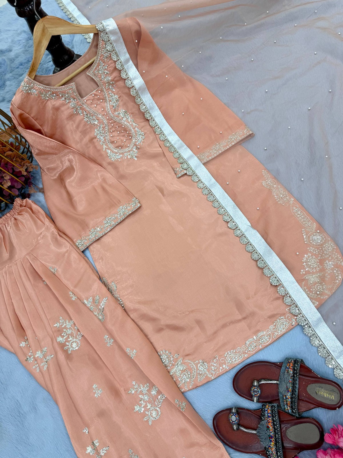 New Arrival Roman Glass Silk Salwar Kameez With Organza Silk Dupatta For Women