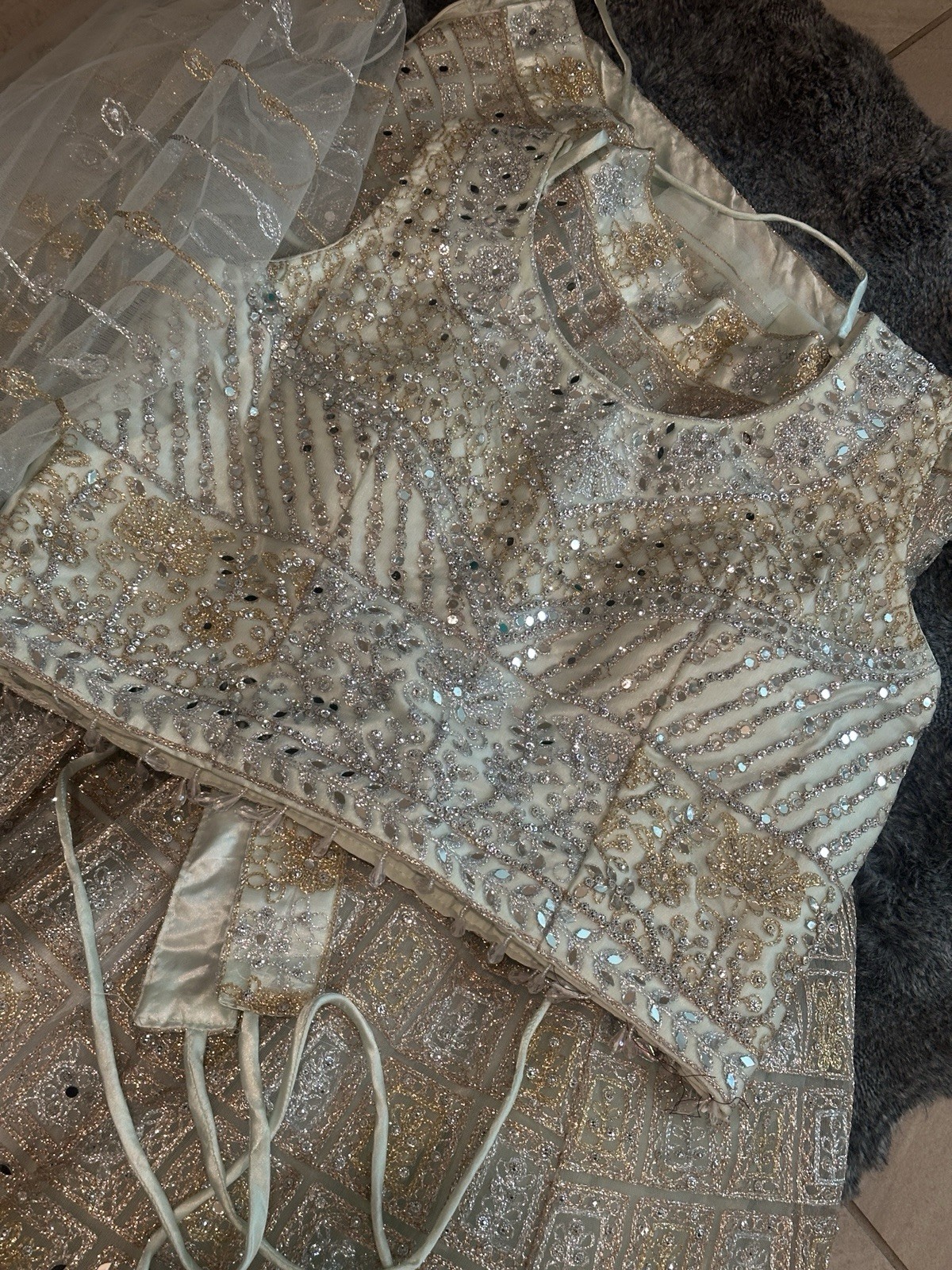 Embellished Gold Beige Choli Set with Skirt, Dupatta, Purse for Women