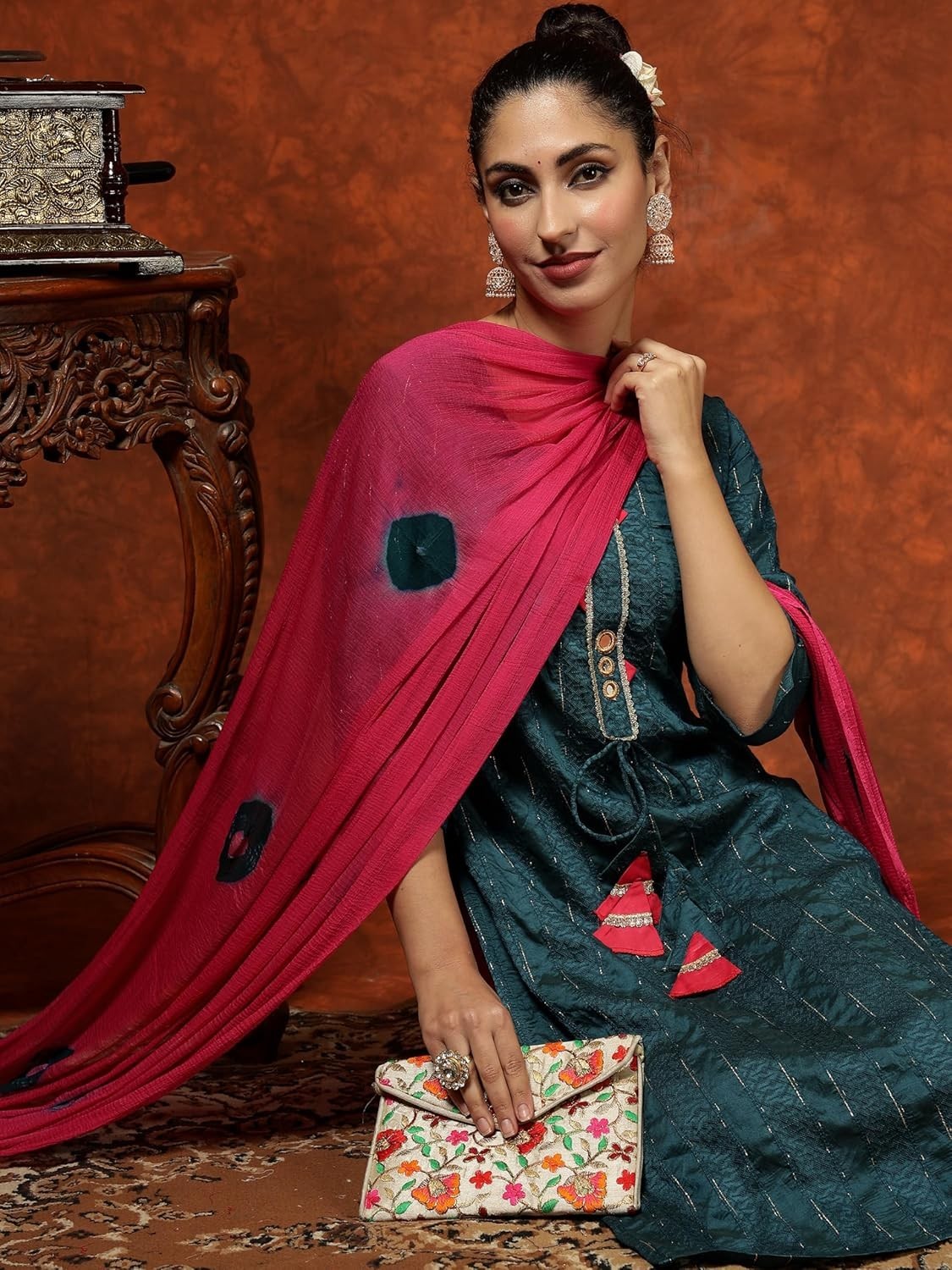 Women’s Chanderi Silk Woven Zari Mirror Work Stright Kurta Pant with Dupatta Set
