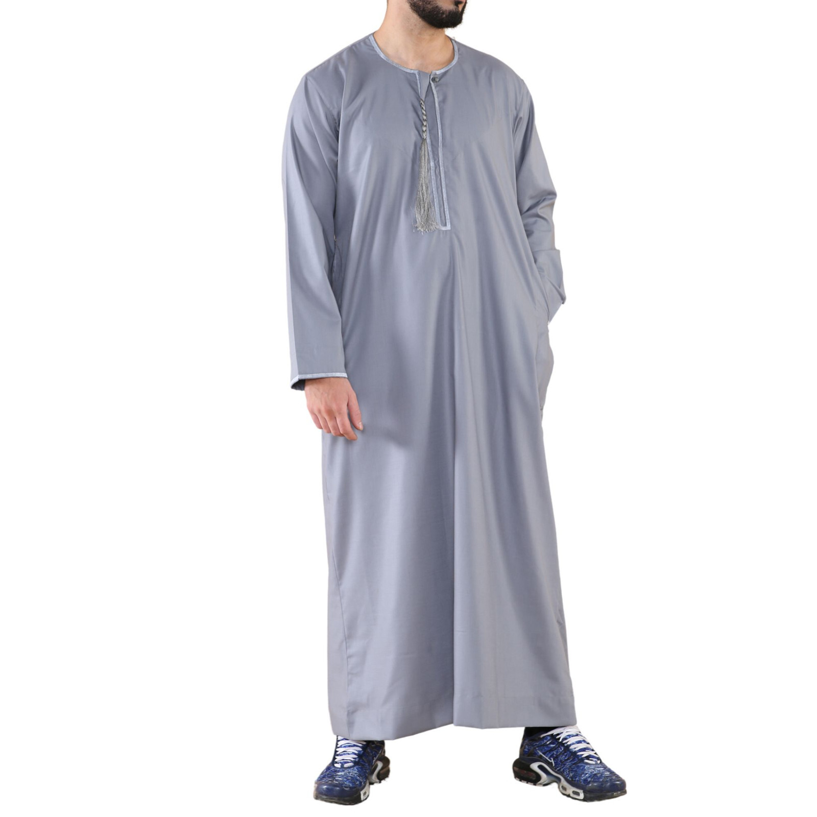 Mens Grey Thobe Jubba Saudi Islamic Arab Eid Emirati Kaftan Jubbah Tassel Robe