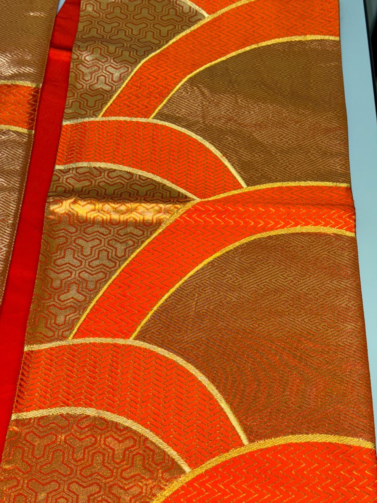 Japanese Vintage Kimono Fukuro Obi Silk Orange Traditional Embroidery 166×12 in