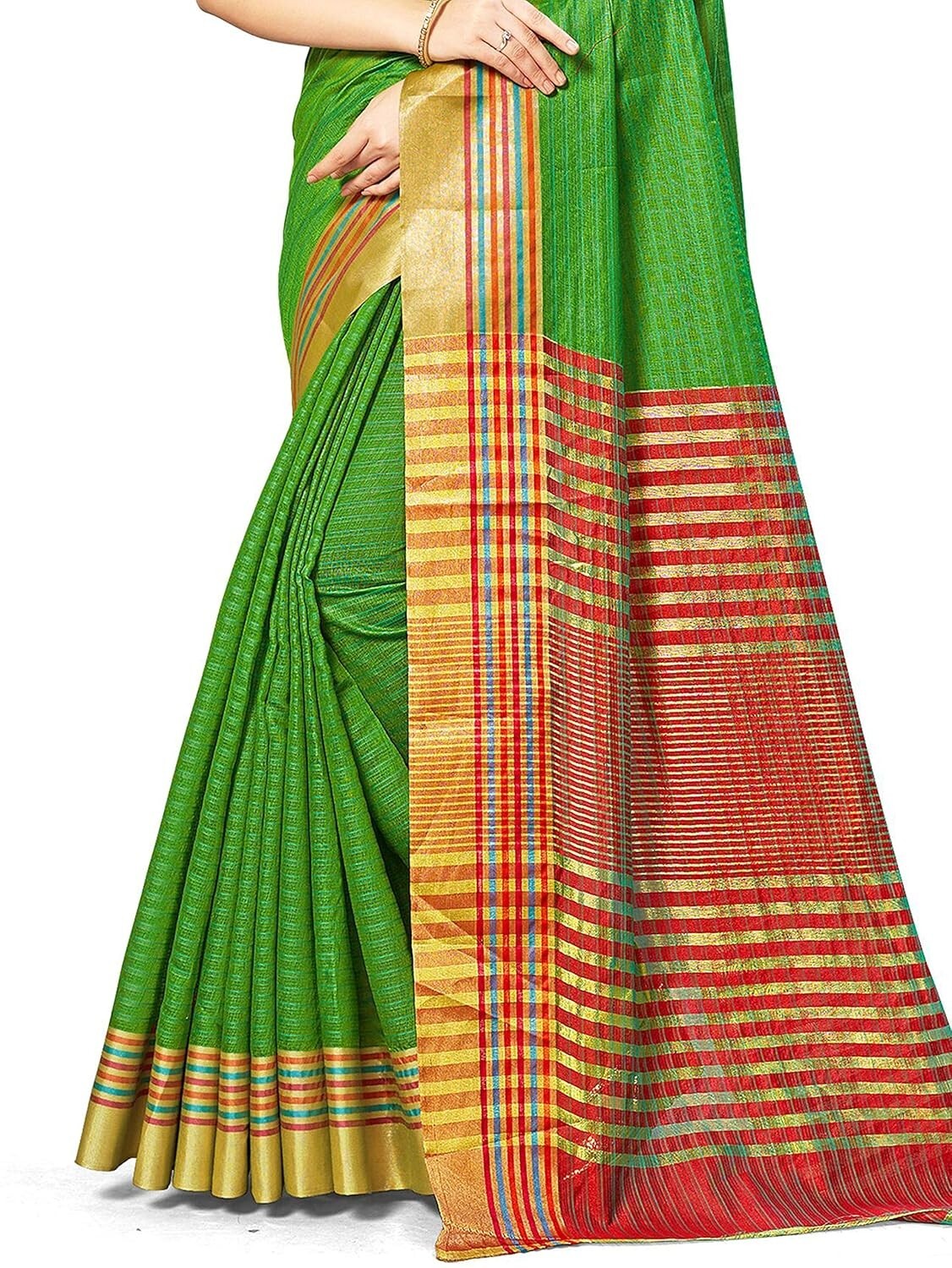 Womens Cotton Silk Blend Kota Doria Self Design Golden Zari Stripped Saree