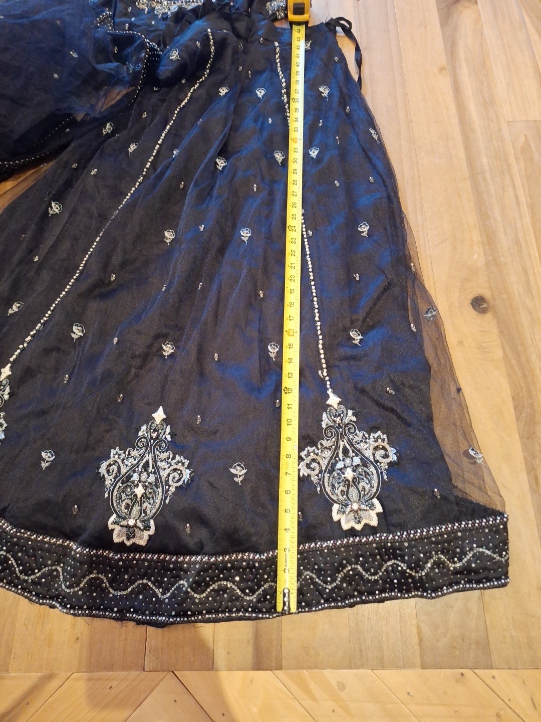 Sari, Black lehenga choli with sequins, beads, and multi thread embroidery, Med.