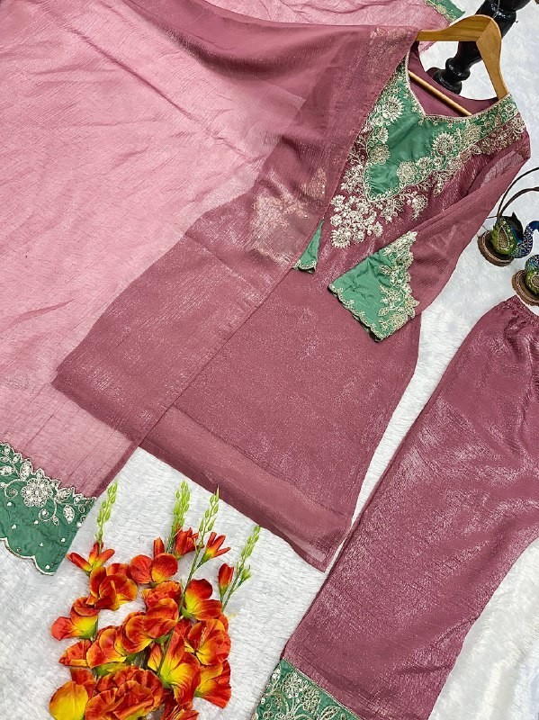 New Crunchy Silk Dusty Pink Top Palazzo With Dupatta For Function Party Wear